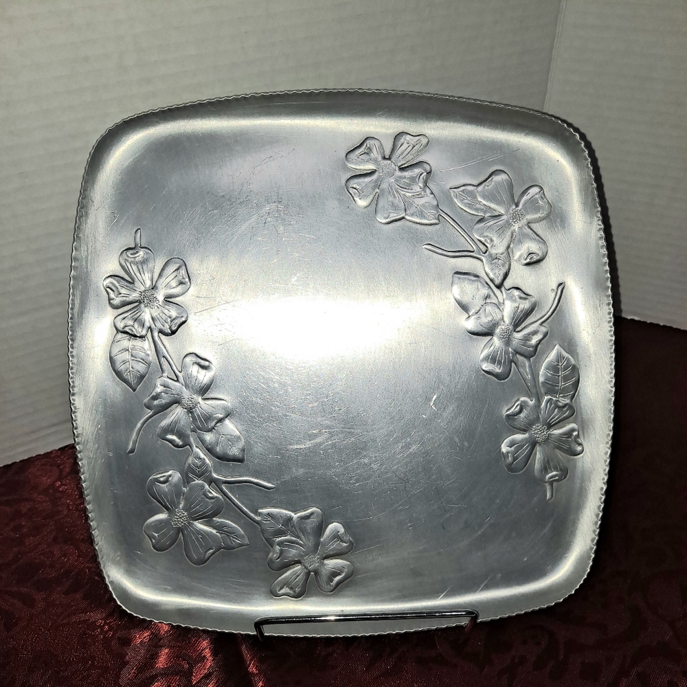 Aluminum Floral Embossed Square Platter Plate Vintage Canada